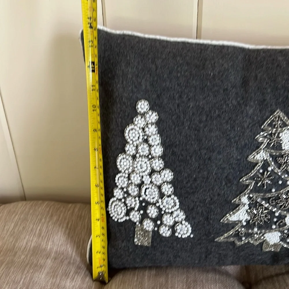 DeBage Grey and White Holiday Pillow With Bead Accents-Tree Design